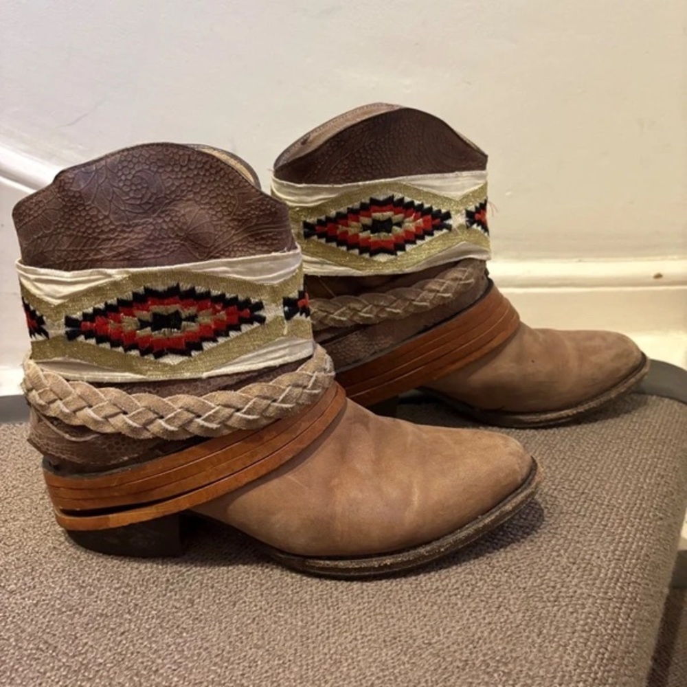 Freebird Tan and Brown Heeled Boots with Pattern